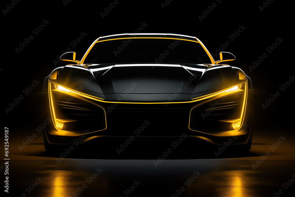 Poster black sports or luxury car wallpaper with a fantastic yellow light effect background