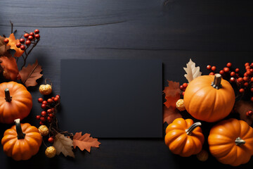 Autumn background with pumpkins, leaves and berries on black wooden background