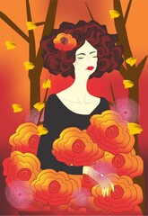 composition with a girl with red hair and a flower in her hair