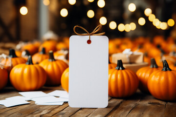 Halloween background with pumpkins and blank white price tag on wooden table