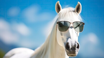  Funny Horse with sunglasses against a blue sky background.