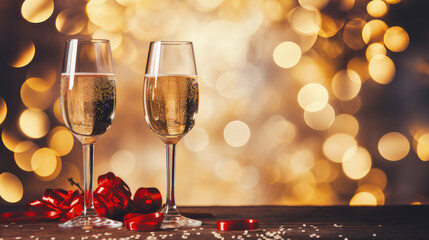 Romantic Valentine day celebration concept. Two glasses of champagne with red rose petals with bokeh background. Valentine's day banner. Celebration with champagne and red rose.