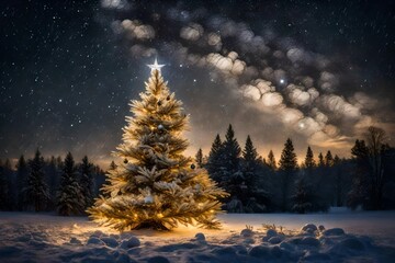 A beautifully decorated Christmas tree standing tall in a snow-covered outdoor landscape, adorned with twinkling lights, ornaments, and a glistening layer of fresh snow.