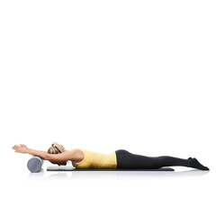 Yoga, foam roller and woman in floor exercise, stretching or gym performance for wellness, fitness or pilates training. Workout equipment, mockup studio space or person isolated on white background