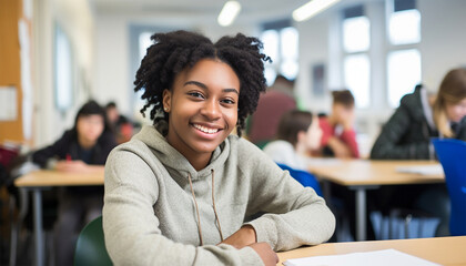 Happy cheerful American - African black ethnicity female university student learning. Highschool teenager sitting in classroom. - obrazy, fototapety, plakaty