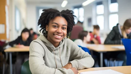 Foto op Plexiglas Happy cheerful American - African black ethnicity female university student learning. Highschool teenager sitting in classroom. © annebel146