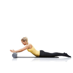 Obraz premium Yoga, foam roller and woman in core exercise, stretching or gym routine for body wellness, fitness or pilates training. Workout equipment, mockup studio space and athlete on white background ground