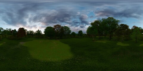 Park and green meadow scene 360 panorama, 3D rendering