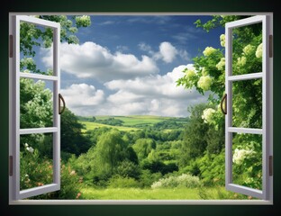 window with green grass and sky