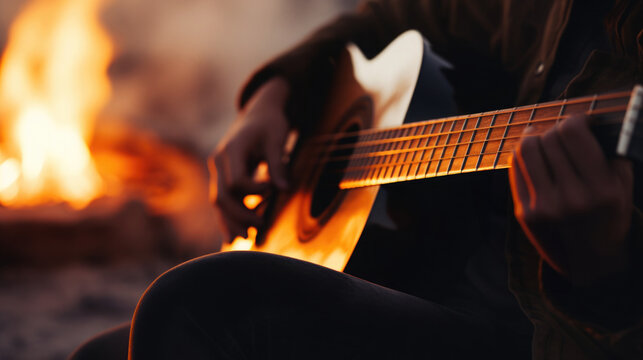 Close-up of an acoustic guitar in a musician's lap, blurred background of a bonfire