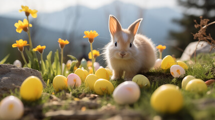 Adorable little bunny in an Easter season setting, field with flowers and colored Easter Eggs - obrazy, fototapety, plakaty