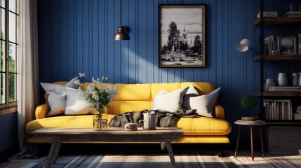 living room interior with blue walls and yellow furniture