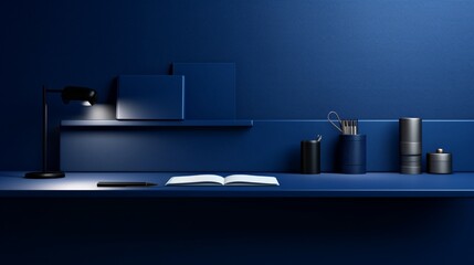 Stylish business cards in deep blue, accompanied by a set of stationery items, showcased on a minimalist white shelf.