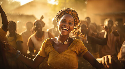 Happy African women with traditional dance during the festival - obrazy, fototapety, plakaty