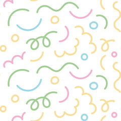 Cute hand drawn colorful line doodle squiggle seamless pattern. Creative minimalist style art background for kids or trendy design with basic shapes. Simple childish scribble swirls.
