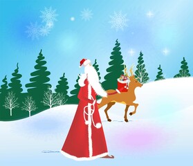 winter forest composition with Santa Claus and reindeer