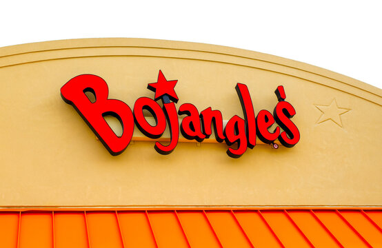 OCALA, FLORIDA USA - OCTOBER 22, 2023 Bojangles Southern inspired fast food chain known for Cajun fried chicken and famous biscuits. Exterior sign signage facade red logo letters with orange roof trim