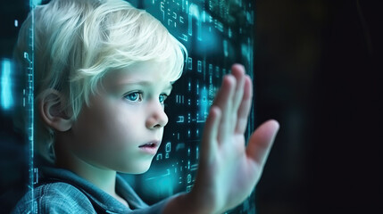 a young child touching a 3d computer display, future technology, generative ai