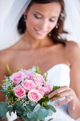 Woman, flower bouquet and wedding dress for marriage ceremony, love promise or diamond ring. Female...