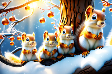 "a slim squirrel family that runs up a tree with acorns full of puffy cheeks" Generative AI
