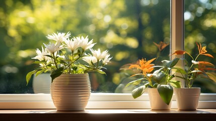 Window with green house plant in flower pots on the windowsill, summer landscape view from the...