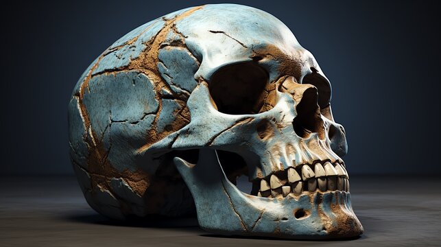 a skull with cracked brown and yellow paint