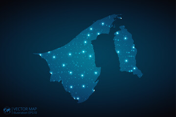 Brunei Darussalam map radial dotted pattern in futuristic style, design blue circle glowing outline made of stars. concept of communication on dark blue background. Vector illustration EPS10