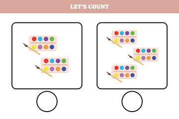 Counting game with watercolor. Educational worksheet design for preschool, kindergarten students. Learning mathematics. Brain teaser fun activity for kids.