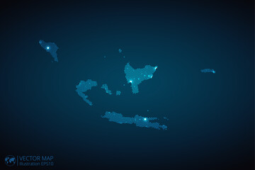 Indonesia map radial dotted pattern in futuristic style, design blue circle glowing outline made of stars. concept of communication on dark blue background. Vector illustration EPS10