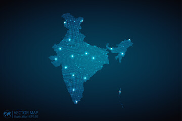 India map radial dotted pattern in futuristic style, design blue circle glowing outline made of stars. concept of communication on dark blue background. Vector illustration EPS10