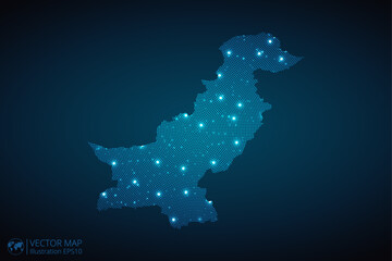 Pakistan map radial dotted pattern in futuristic style, design blue circle glowing outline made of stars. concept of communication on dark blue background. Vector illustration EPS10