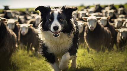 A black and white border collie herding sheep in a field - obrazy, fototapety, plakaty