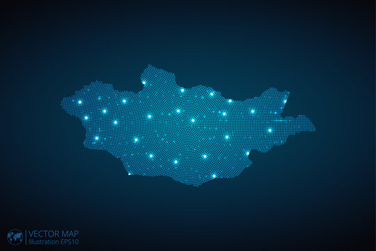 Mongolia map radial dotted pattern in futuristic style, design blue circle glowing outline made of stars. concept of communication on dark blue background. Vector illustration EPS10