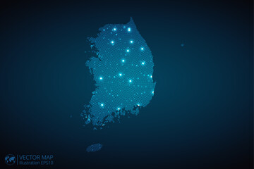 South Korea map radial dotted pattern in futuristic style, design blue circle glowing outline made of stars. concept of communication on dark blue background. Vector illustration EPS10
