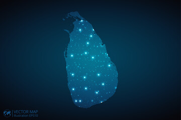 Sri Lanka map radial dotted pattern in futuristic style, design blue circle glowing outline made of stars. concept of communication on dark blue background. Vector illustration EPS10