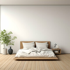bedroom with white Bed, a flower vase and a lamp.