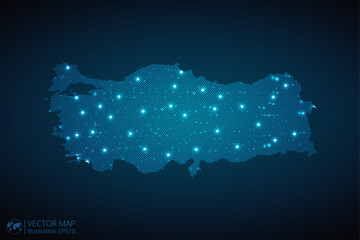 Türkiye or Turkey map radial dotted pattern in futuristic style, design blue circle glowing outline made of stars. concept of communication on dark blue background. Vector illustration EPS10