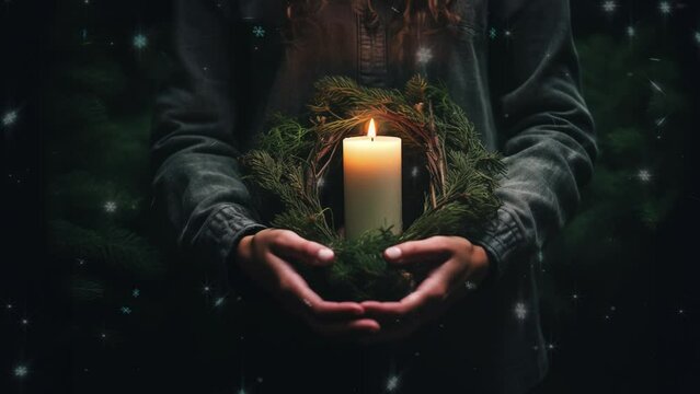 Womens hands holding a christmas candle (video contains AI generated image)