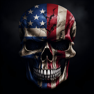 angry scull villain , one side of it is the USA flag, the other side of the scull is the UK flag