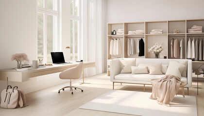 Fototapeta na wymiar Dressing room and desk with white modern furniture