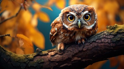 A close-up of a sleepy-eyed owl perched on a tree branch