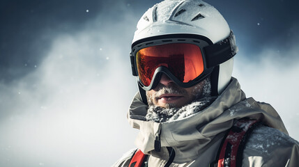 portrait of man winter equipment snowboard in the mountains, close up. Guy in helmet and ski goggles in winter. - obrazy, fototapety, plakaty