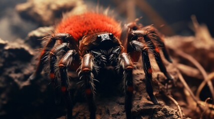 A close-up of a tarantula delicately spinning a silk web