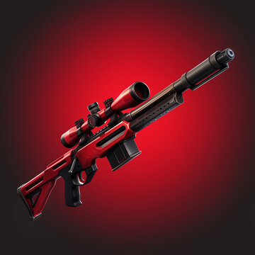 a red and black rifle with a scope