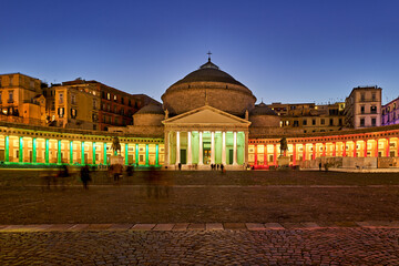 Naples Campania Italy. Basilica reale pontificia di San Francesco di Paola in Piazza Plebiscito at sunset - obrazy, fototapety, plakaty