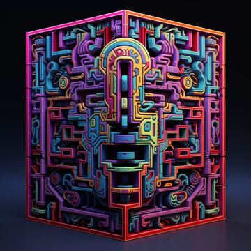 a colorful cube with a face carved into it