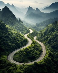 A winding road disappearing into the distance, A highway in national park, centered, stretching all the way to the horizon, closeup view, beatiful landscape, forest, mountains, ultra detailed - obrazy, fototapety, plakaty