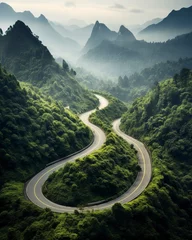 Foto op Canvas A winding road disappearing into the distance, A highway in national park, centered, stretching all the way to the horizon, closeup view, beatiful landscape, forest, mountains, ultra detailed © Tran