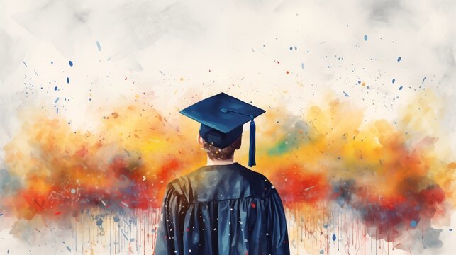 Graduation university or college artistic colorful watercolor poster background with copy space and a student wearing graduate hat