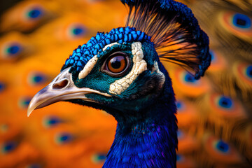Close up of beautiful peacock bird with feathers.